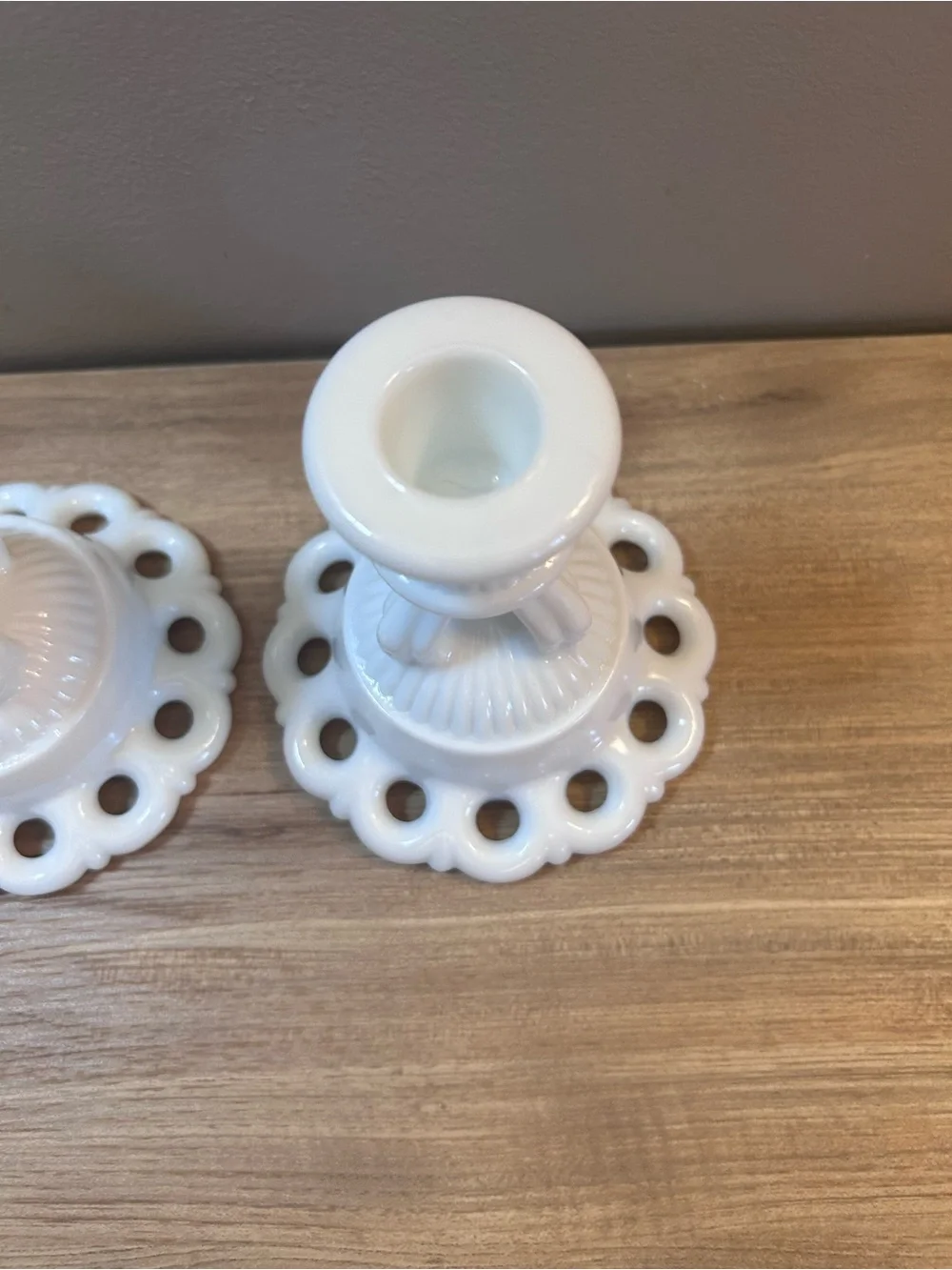 White Milk Glass Candlestick Holders - Pair
